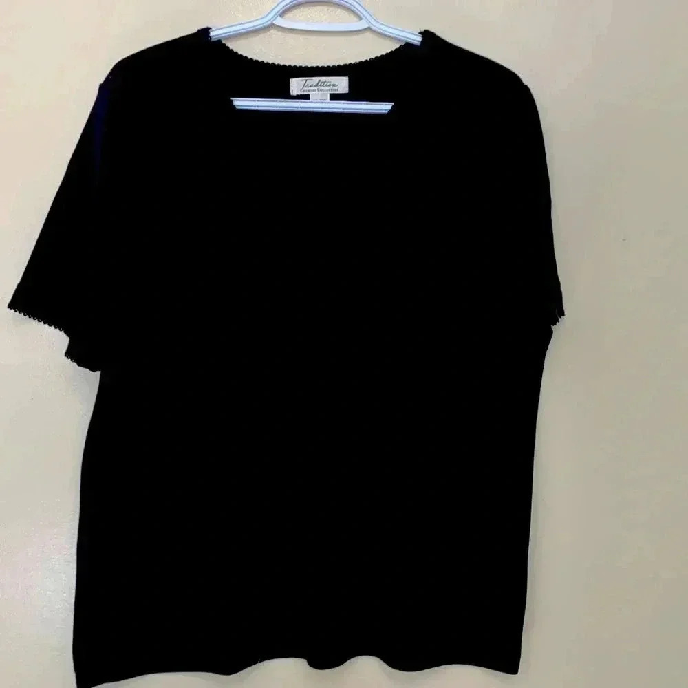 Tradition NWOT black, short sleeve T-shirt  with lace edging